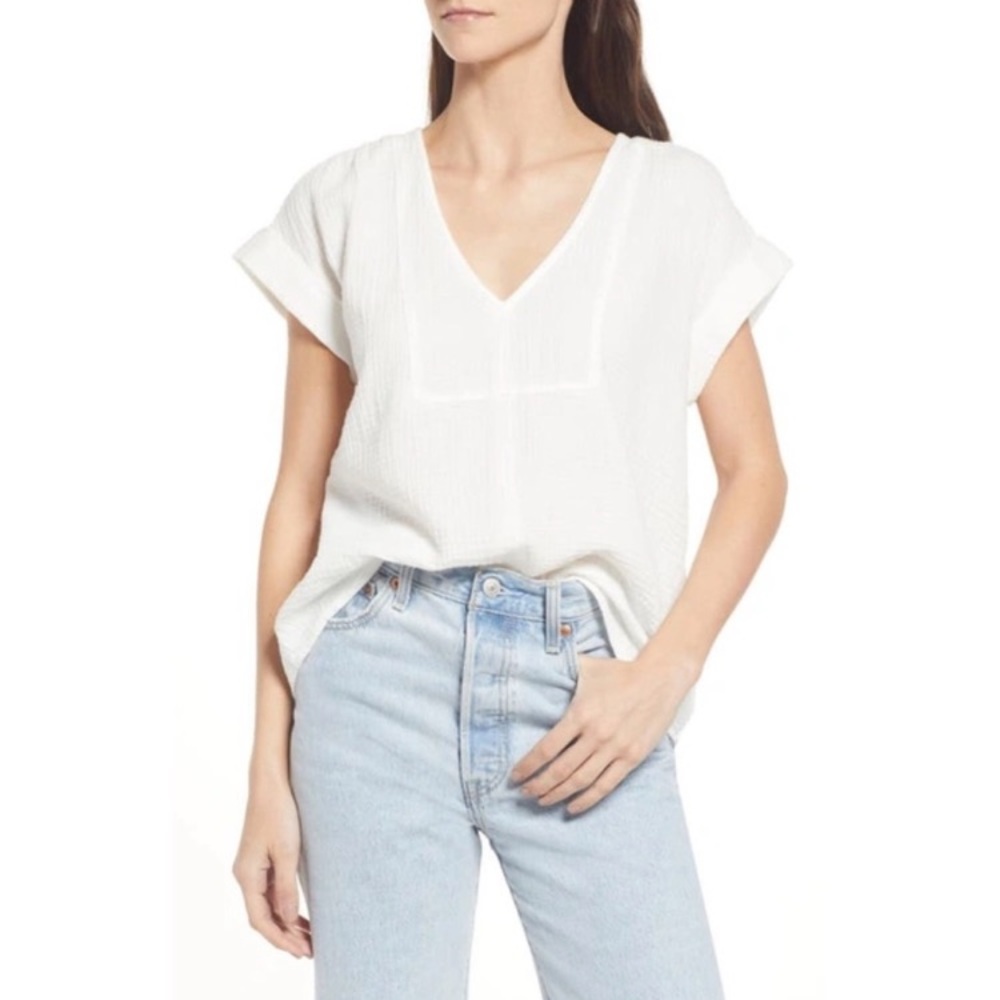 MADEWELL Cream Gauze V Neck Short Sleeve Top - Picture 1 of 9
